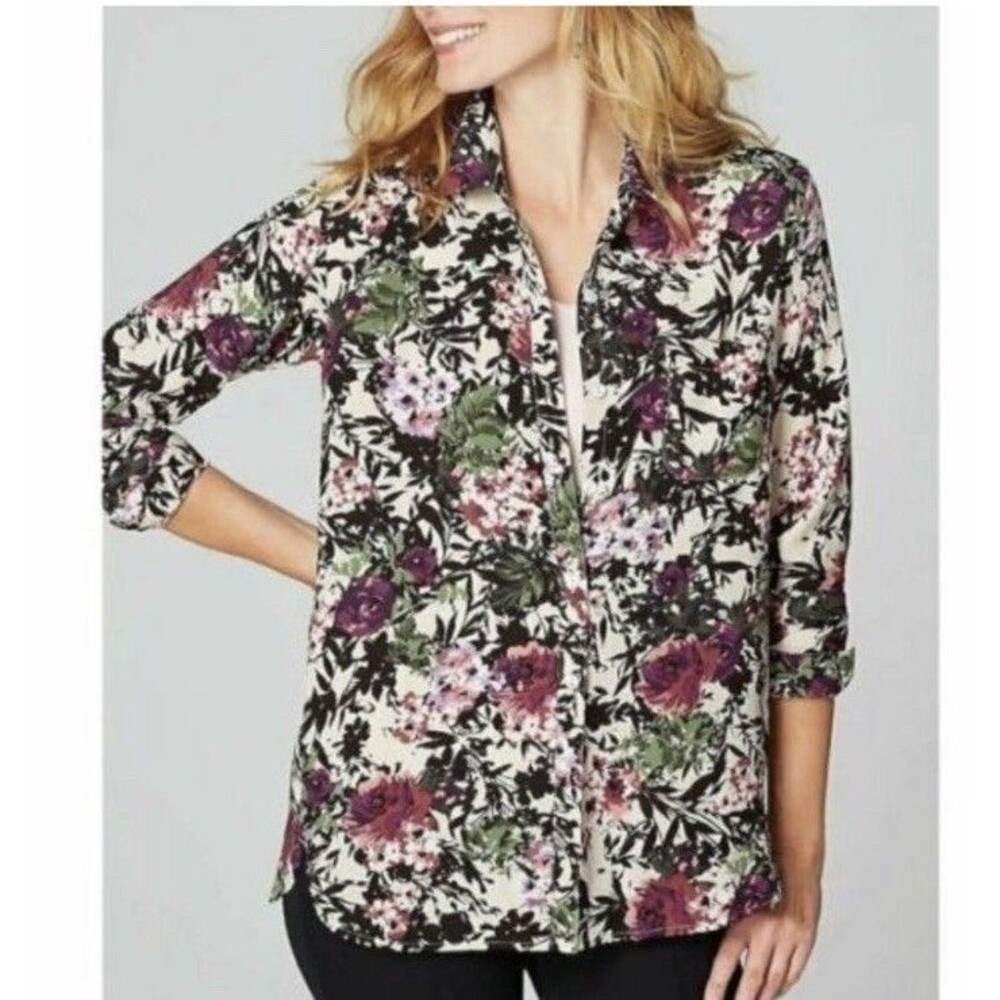 J. Jill Button Front Shirt M Black Floral Long Sleeve Tunic Rayon Whimsifoth New